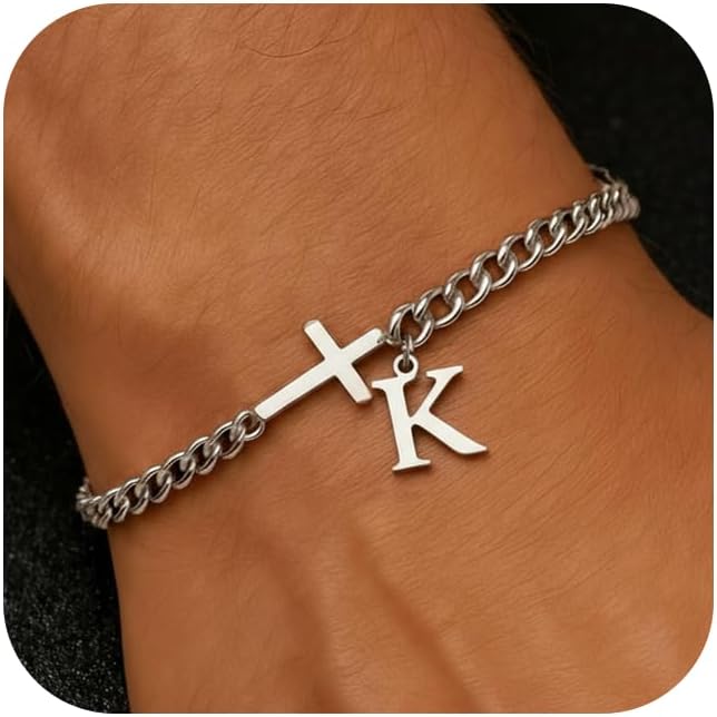 Men Cross Cuban Chain Bracelets for Men Initial A-Z Faith Cross Bracelets, Stainless Steel Initial Bracelet Religious Jewelry