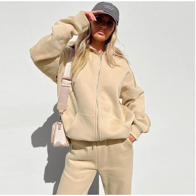 Women's Set Autumn and Winter Casual Sports Solid Color Loose Hooded Sweatshirt Jogging Pants Two-piece Set