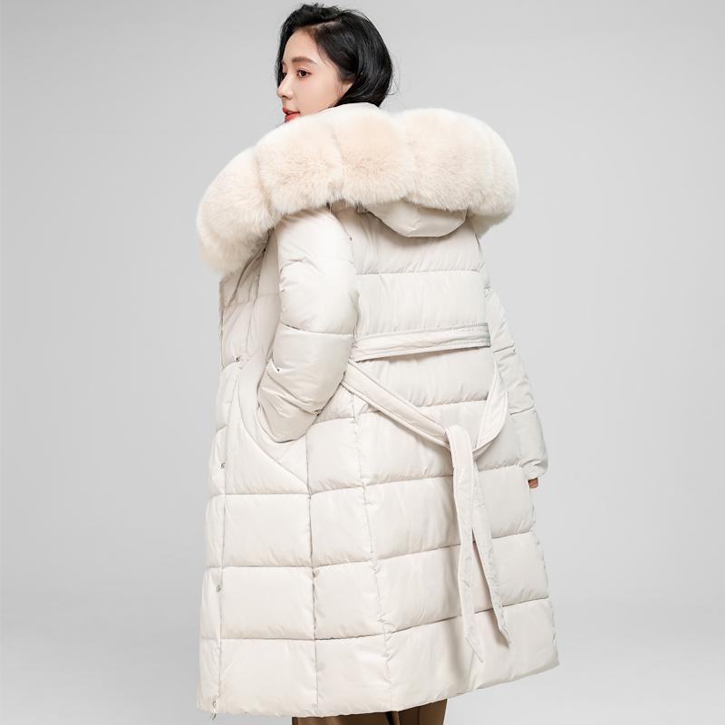 Dam Vinter Långa Kappor Med Huva Stor Fuskpäls Krage Elegant Tjock Varm Vinterparkas Kvinnlig Jacka Med Bälte