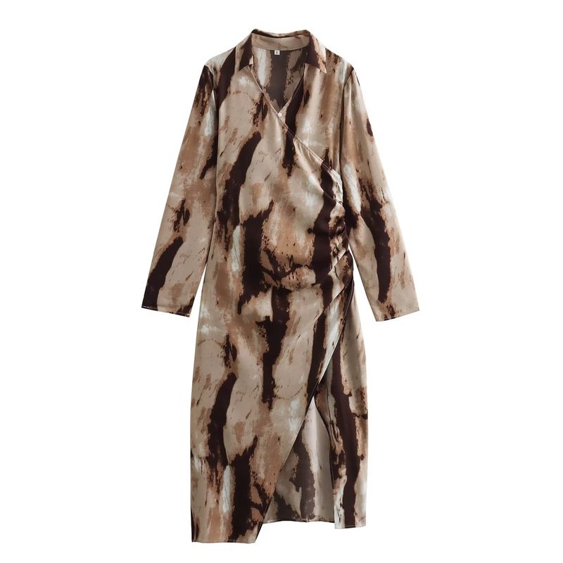 

Kaslead New Arrival Women s Clothing Fashion Style Tie-Dye Irregular Sexy Slit Long Sleeves Dress Multi-color XS