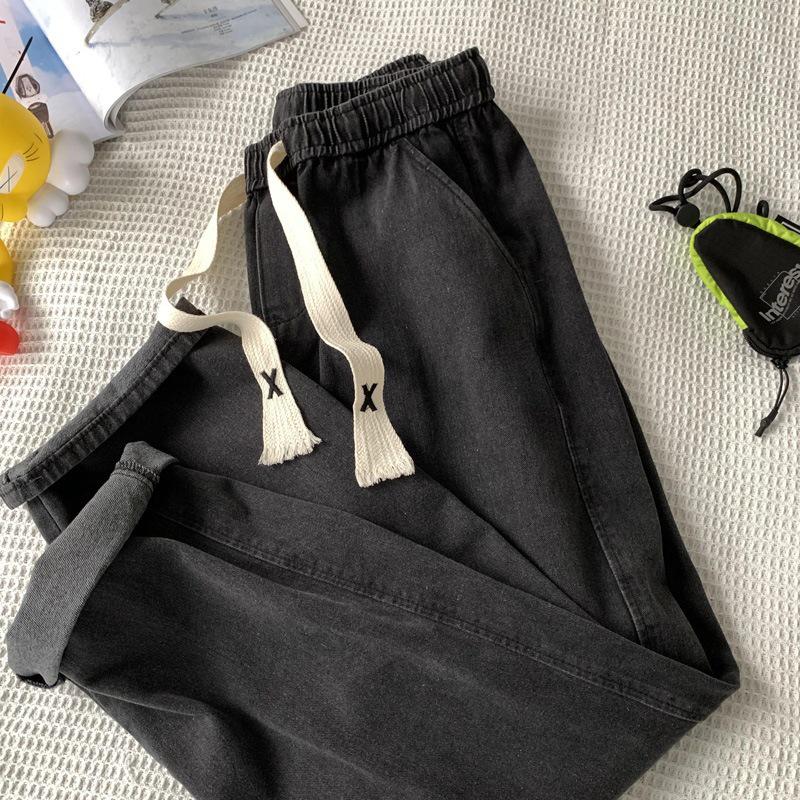 Мужские легкие ретро-джинсы свободного кроя с завязками на талии - летние широкие брюки Nine-Point S черный серый