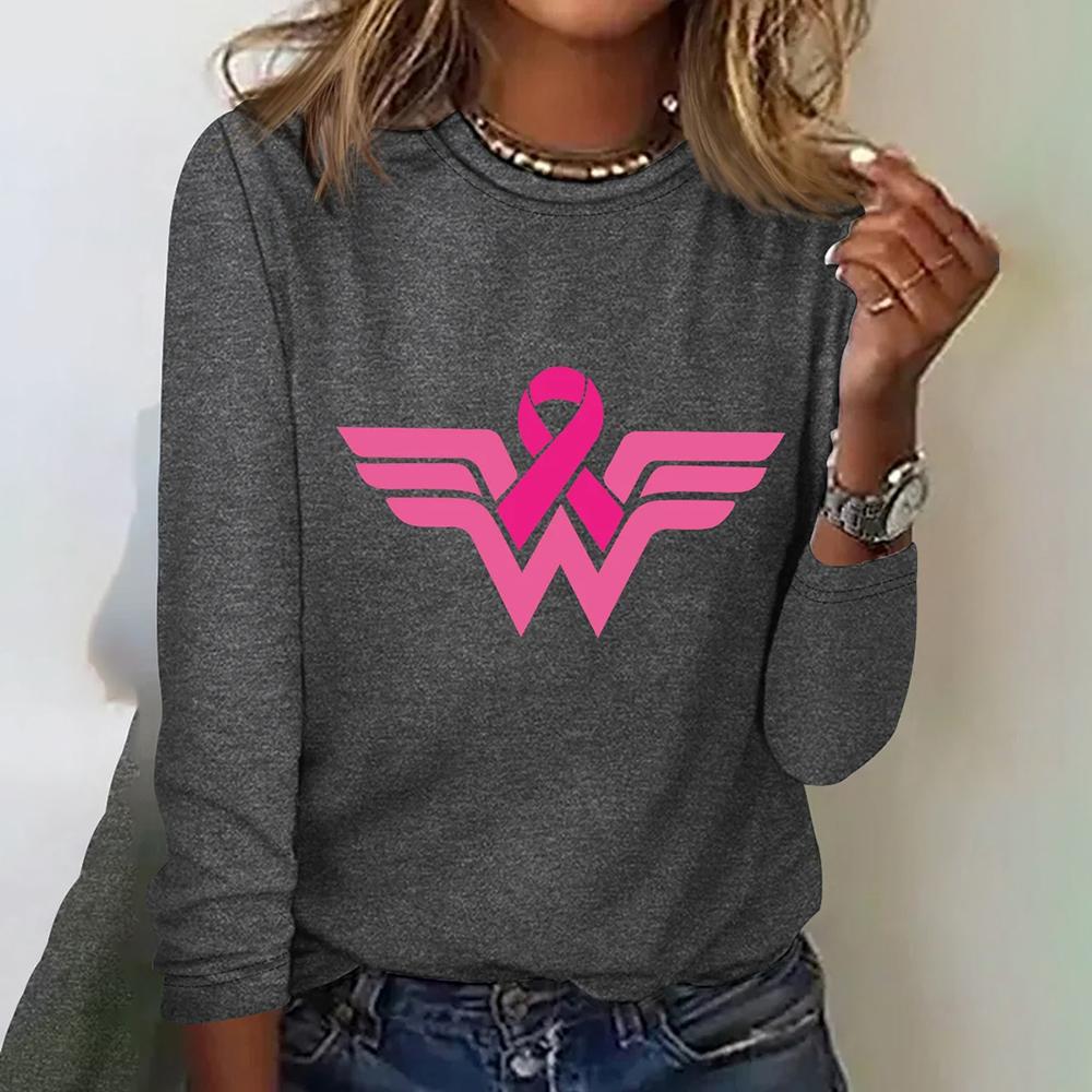

Дизайнерская футболка с принтом символа розовой ленты, с длинными рукавами, модная женская одежда, осенняя, хлопковая, с круглым вырезом, женские футболки, свободные топы 8XL