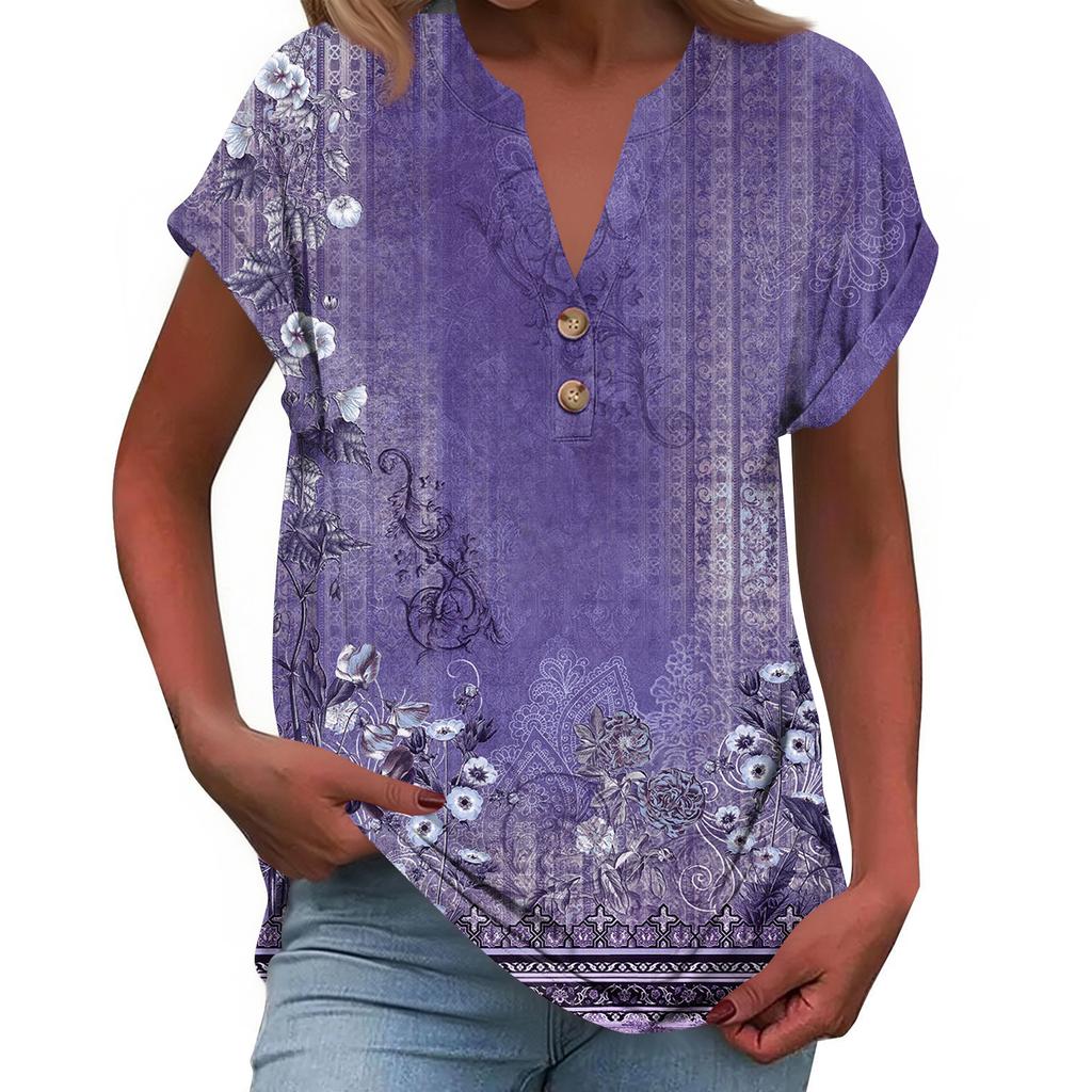 Modieuze Casual Losvallende Dames T-shirt Top met Korte Mouwen, Knopen en V-hals, Bedrukt