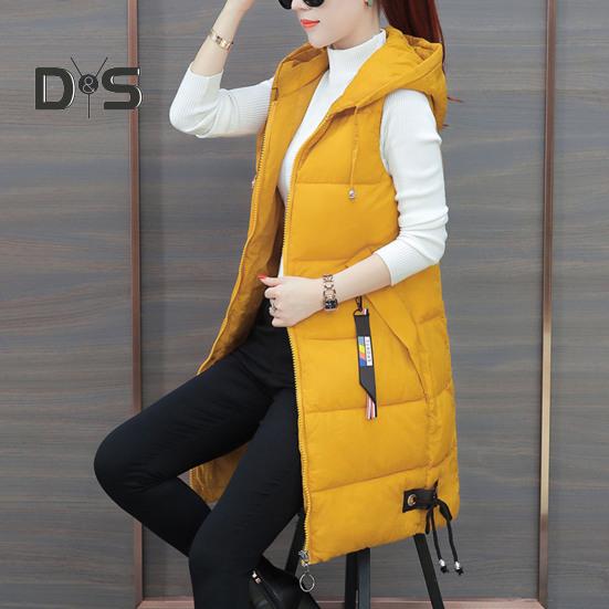 Fall Winter Cotton Vest Coat Mid Length Thickened Padded Sleeveless Zip Up Zipper Closure Drawstring Hooded Windproof Heat Retention Lady Waistcoat