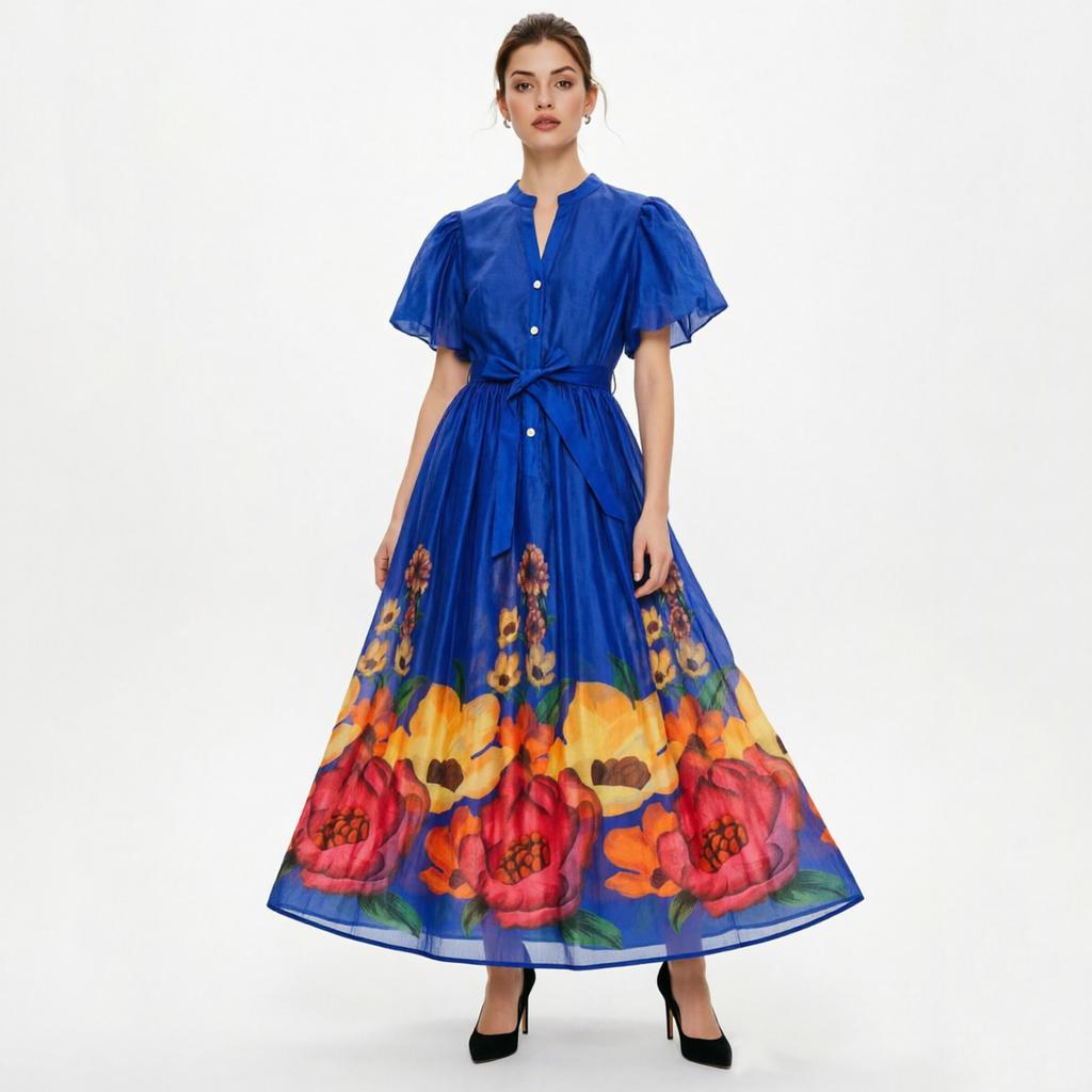 French Vintage Flower Maxi Dress Women Puff Sleeve V-Neck Elegant Floral Print High Waist Sashes A-Line Summer Beach Long Maxi Dresses