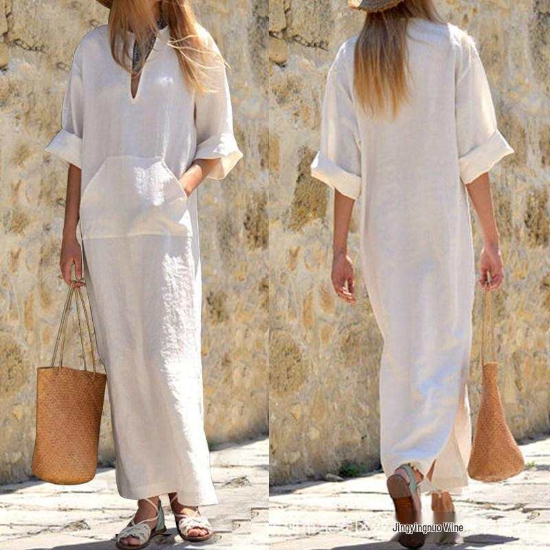 European & American Style Women's Loose V-Neck Plus Size Mid-Sleeve Split Maxi Dress