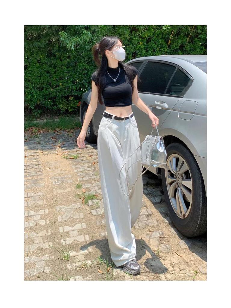 American White Wide-Leg Pleated Jeans for Women - Autumn 2024 High-End Loose Floor-Length Pants