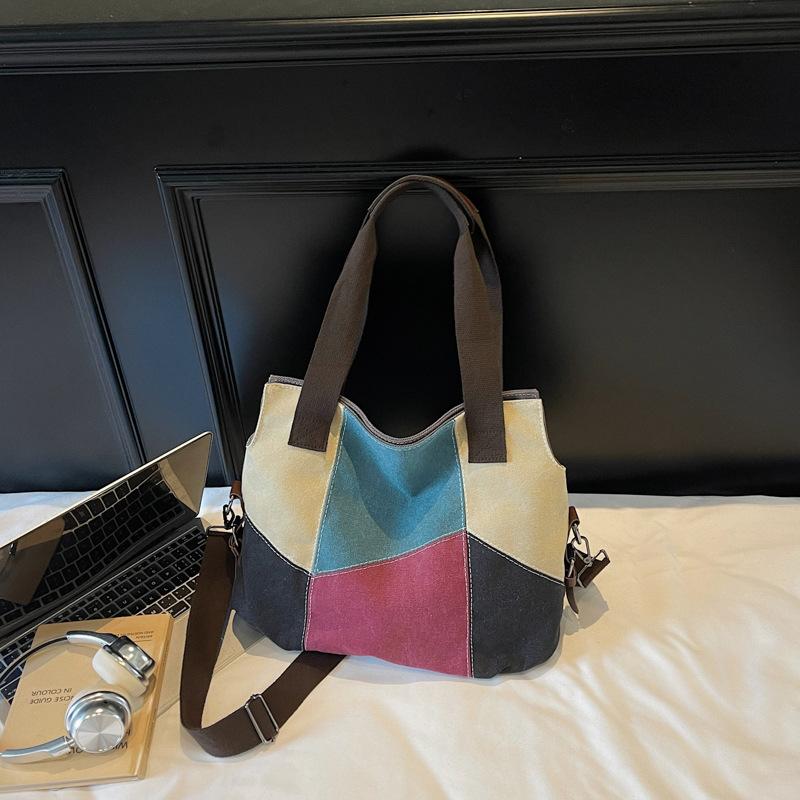 Simple and Fashionable Women's Bags Contrasting Color Canvas Bags Women's Large-capacity Retro Contrasting Color Splicing Cloth Bags New Shoulde