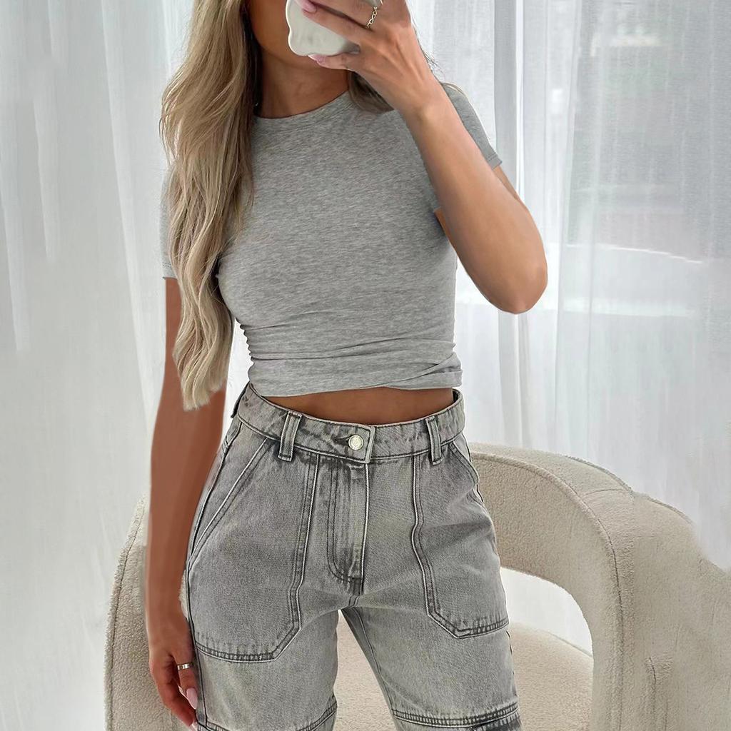 Women Solid Color Slim Fit Casual Short Sleeve Pullover T Shirt