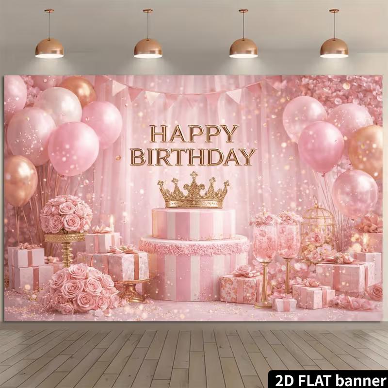 

2D Glitter Pink Gold Birthday Background, Crown & Rose Balloon Party Backdrop for Girls Birthday Decorations 47.2x31.5inch/120*80cm