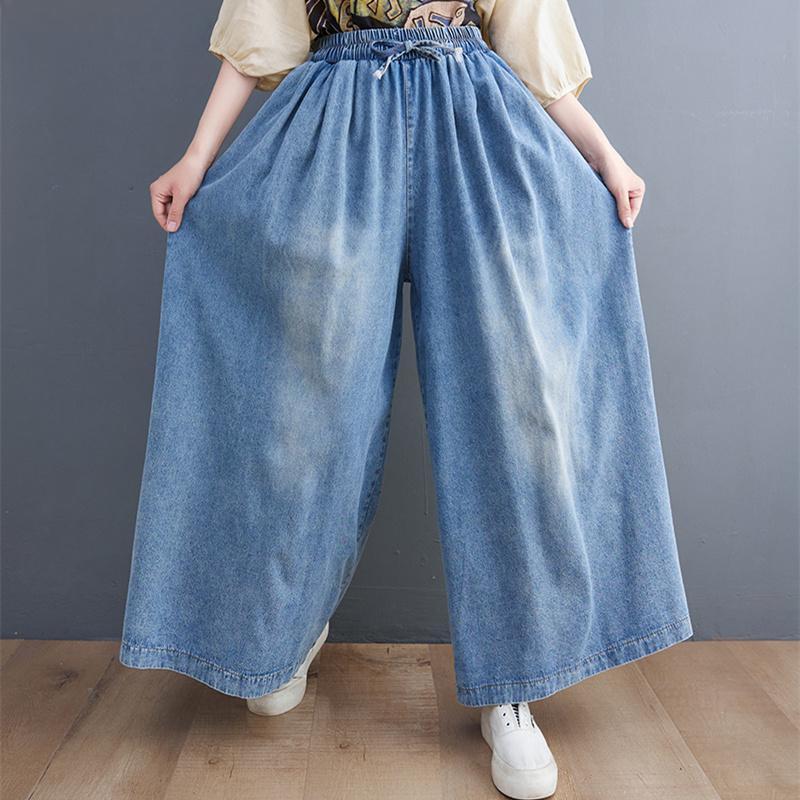 Summer Jeans Long Pants Plus Size Women Elastic Waist Pants Wide Leg Pants Loose Casual Denim Female Casual Trousers Pants Oversize