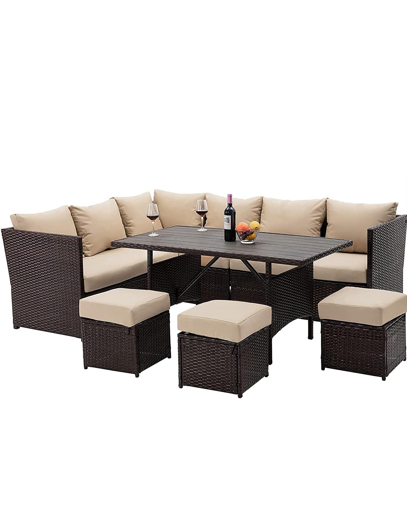 

YODOLLA 7 Pieces Outdoor Patio Furniture with Dining Table&Chair, All Weather Wicker Conversation Set with Ottoman хаки