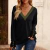 Women's Fashion Plus V-neck Button Up Long Sleeved Color Blocked Pullover T-shirt Top