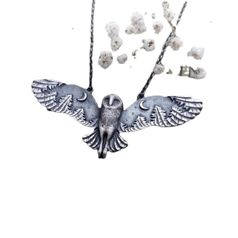 Owl Moon Forest Pendant Necklace With Alloy Chain For Fashion Enthusiasts