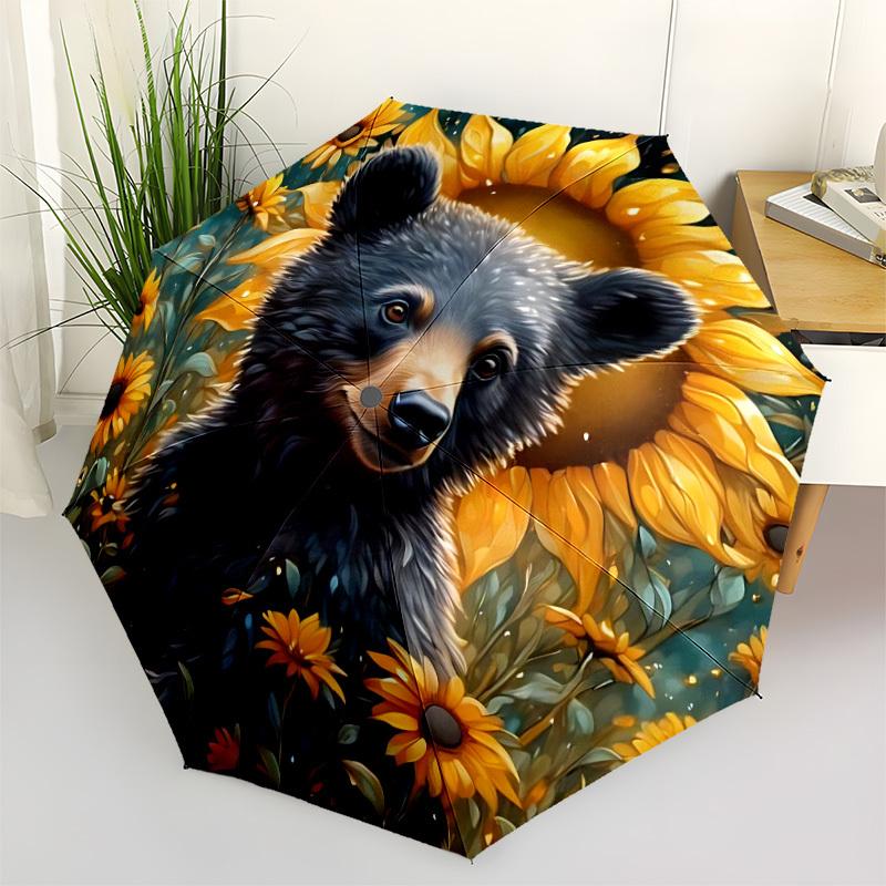 1pc Black Bear Sunflower Field Folding Umbrella, Durable, Suitable for Outdoor Activities or Rain, Suitable for Commuting yy251027084