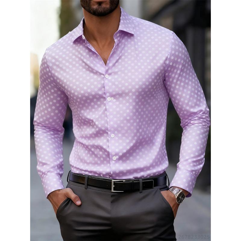 Camisa de Manga Larga con Estampado de Lunares de Moda para Hombre, Popular Camisa Versátil de Estilo Casual de Negocios, Ajuste Delgado, para el Uso Diario y el Desplazamiento, Moderna