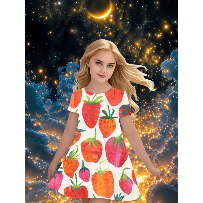 Strawberry Print Girls  Short-Sleeve Dress, New Summer Dress for Girls with Cute Cartoon Patterns, 110