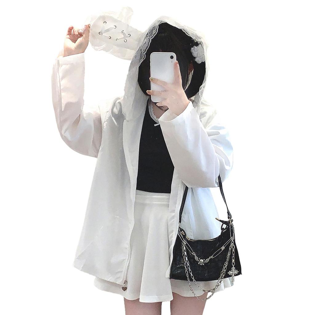 Jundakara Hoodie with Bunny Cute Long Lace and Subculture Sickly Korean White Women's Lace-Up Ears, Sleeves, Lightweight, Summer, Ruffles, Style,