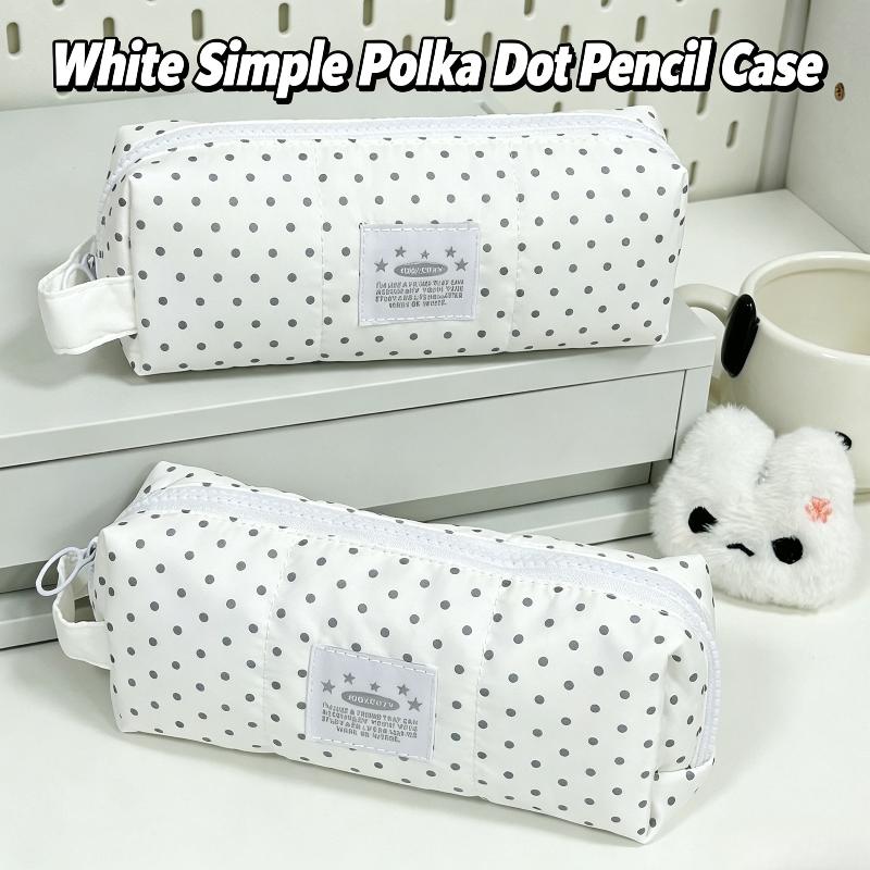 Cute White Polka Dot Pencil Case Stationery Bag Portable Large Capacity Pen Pouch Student School Stationery Storage Bag