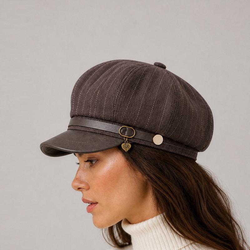 British Retro Belt Buckle Octagonal Hat Women's Autumn and Winter New Versatile Shell Shows Face Small PU Leather Brim Women's Newsboy Hat