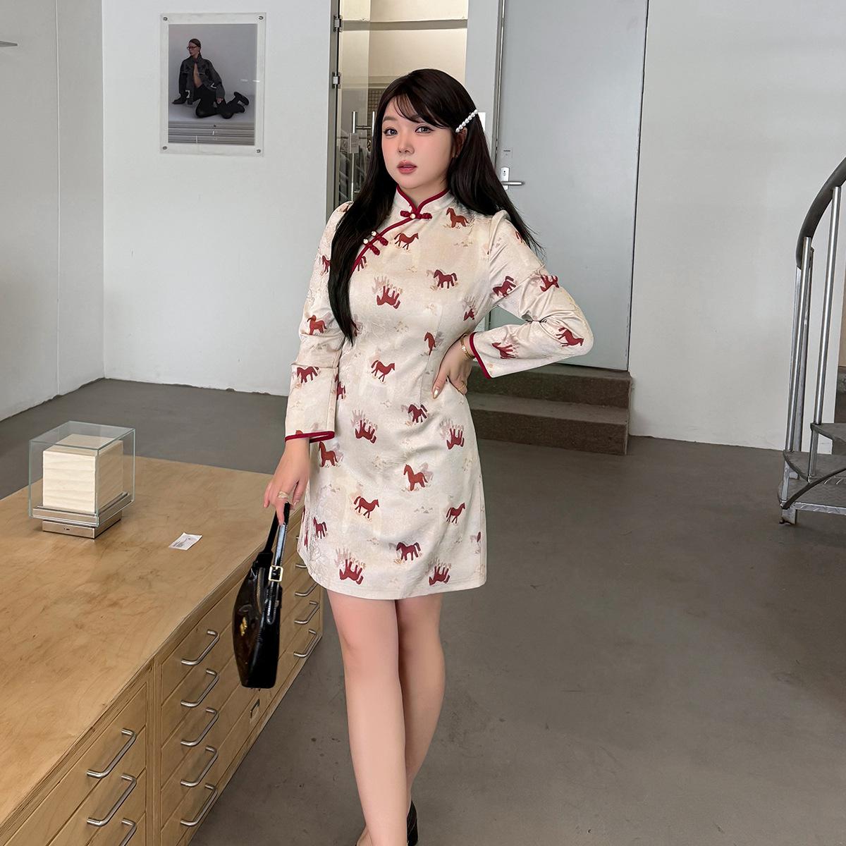 Plus Size Women s Spring Slim Short New Year Horse Qipao Dress - Retro Chinese Style 2XL