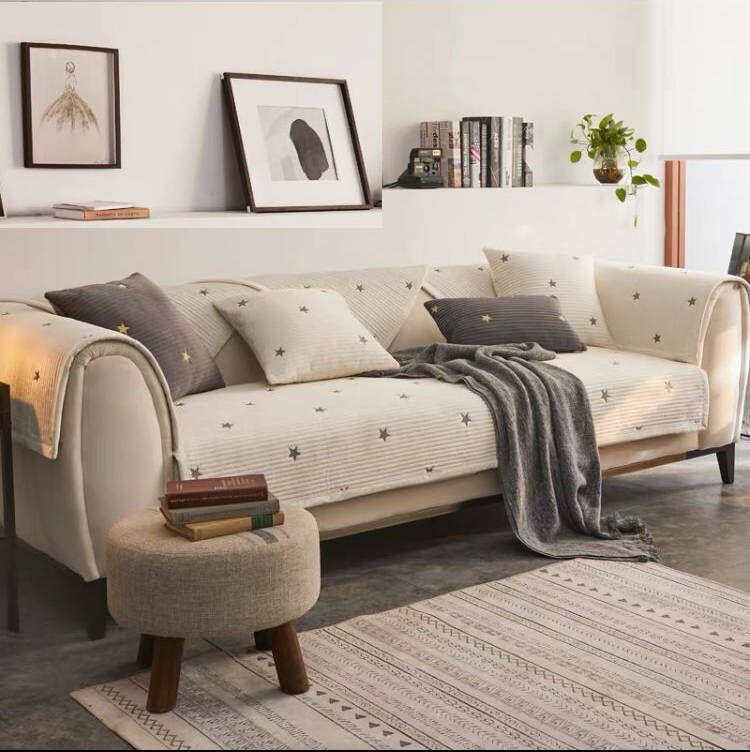 

Nordic Pure Cotton Five-Pointed Star Embroidery Fabric Non-Slip Sofa Cushion Four-Season Universal Combination All-Inclusive Sofa Cover Towel 70*70cm