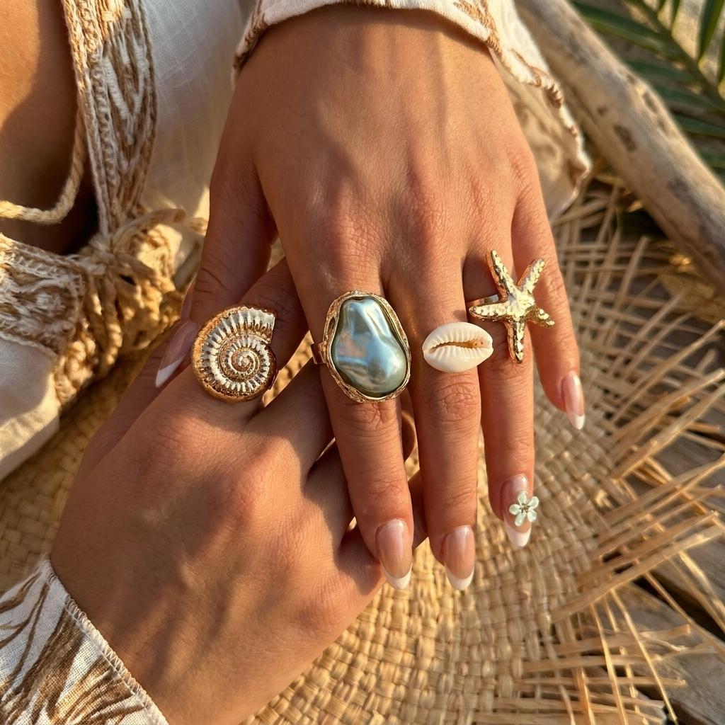 Bohemian Strand Goldfarben Ring Set für Damen Blume Muschel Seestern Muschel Türkis Stapelbarer Ring Sommerurlaub Schmuck Geschenk