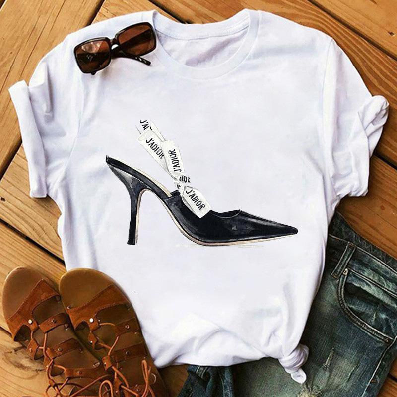 Korean Fashion Cute High Heels Graphic Ladies T-Shirt 90S Summer Harajuku Tees Loose White O-Neck Blouse Short Sleeve Women Tops