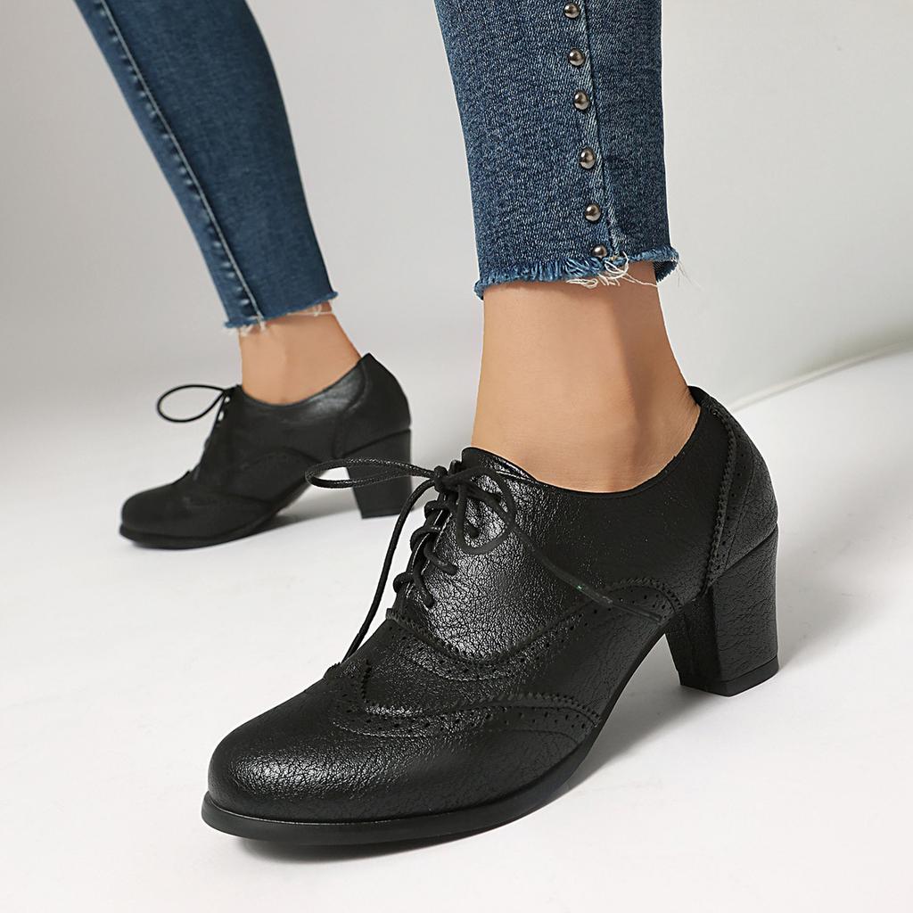 Britský styl Oxford boty Dámské lodičky Špičatá špička Vintage Ležérní Silný podpatek Kožené boty Žena Šněrovací Vysoké podpatky