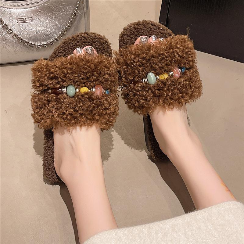 Internet celebrity brown popular fluffy slippers women's autumn and winter wear 2025 new thick bottom casual home fluffy cotton drag