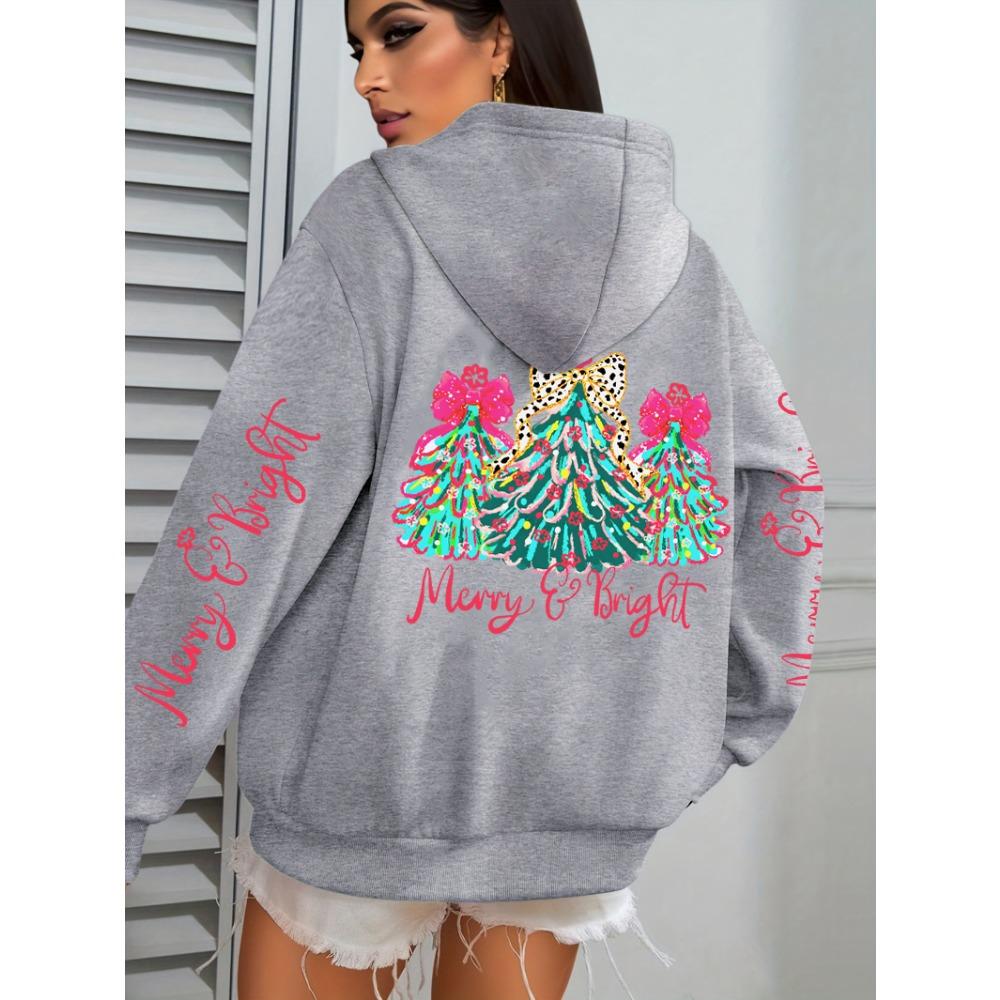 Merry Christmas Colorful Trees Printing Women Hoodies Loose Casual Hoody Autumn Y2K Pocket Streetwear All-Match Clothes
