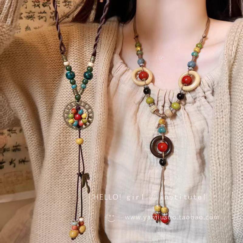 Long fringed necklace women's retro Zen niche sweater chain versatile Yunnan accessories