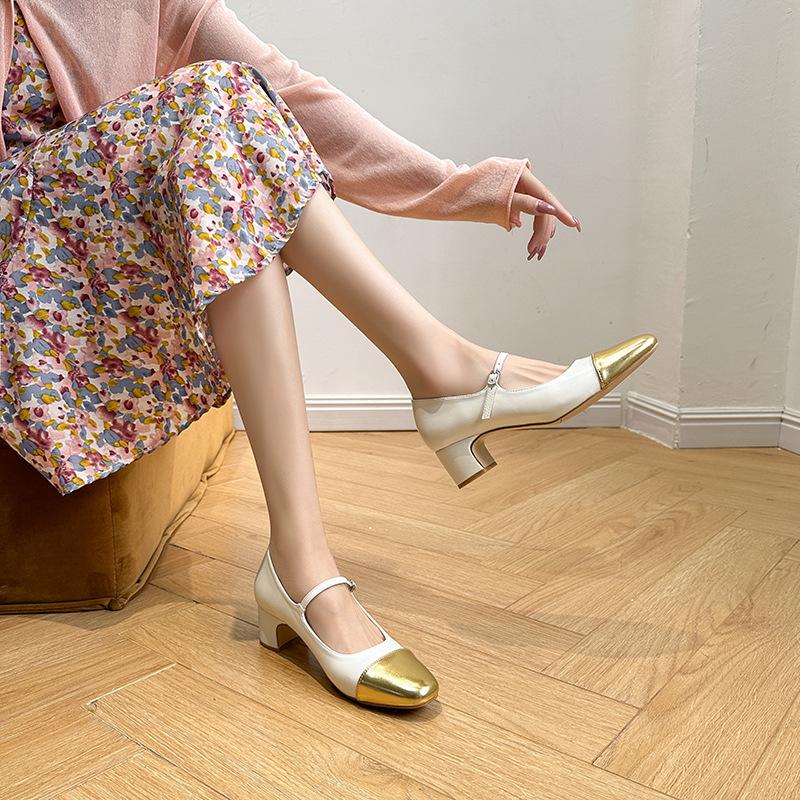 New French Style High-heeled Shoes for Women, Thick Single Order Shoes, Spliced High-heeled Shoes Womens Heels