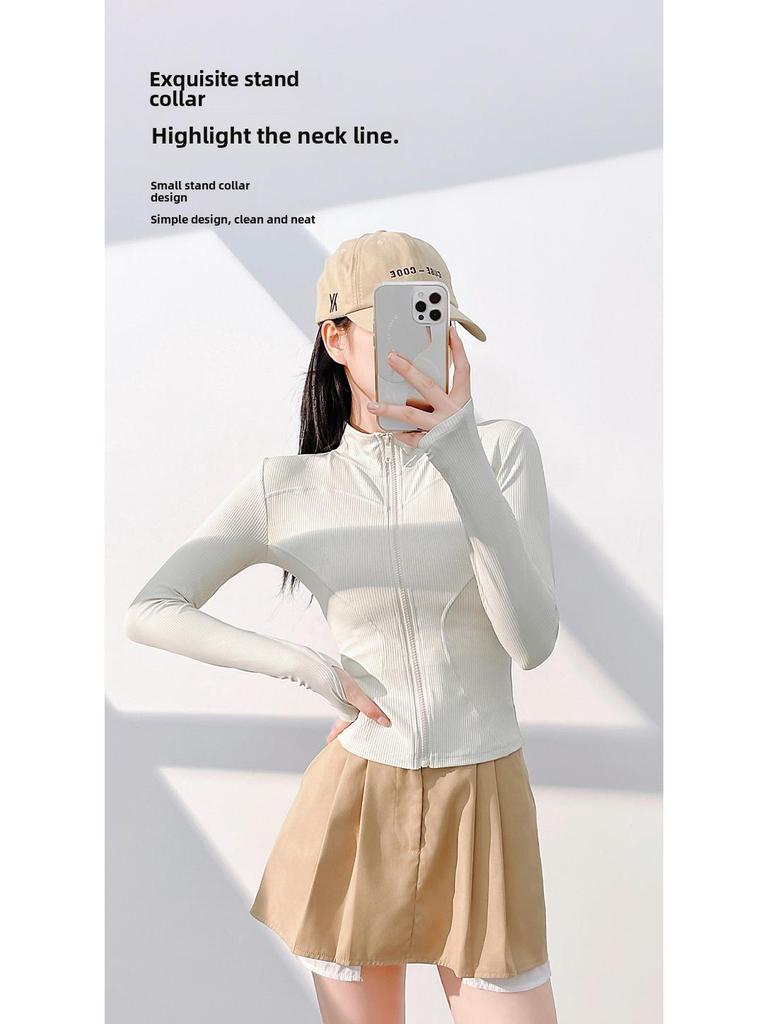 Juyitang Women's Slim-Fit Striped Yoga Jacket – Long Sleeve, Elastic, Ribbed, and Lightweight