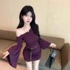 Women's Purple Ruched One-Shoulder Bell Sleeve Dress - Slim Fit, Waist-Hugging Short Skirt