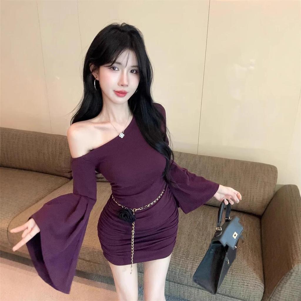 Women's Purple Ruched One-Shoulder Bell Sleeve Dress - Slim Fit, Waist-Hugging Short Skirt