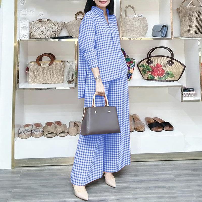

ZANZEA Women Long Sleeve Blouse and Pants Casual Plaid Print Two Piece Suit Sets M синий