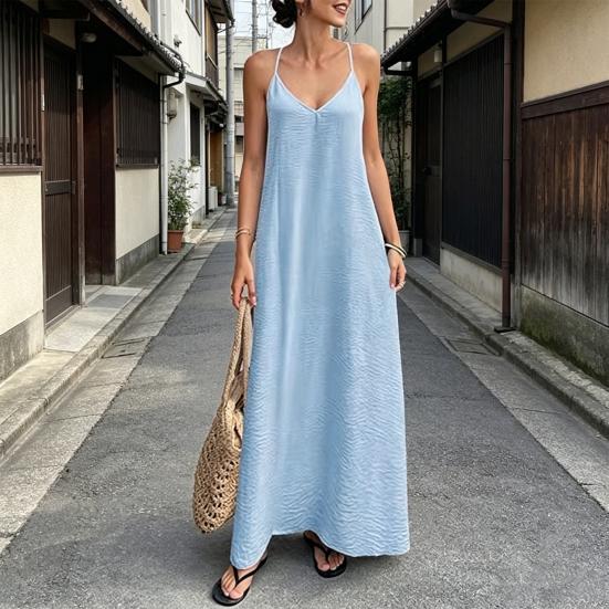 Abito Sexy da Donna Senza Schiena Scollo a V con Laccetto Senza Maniche Maxi Abito Estivo da Spiaggia Abito Lungo Ampio