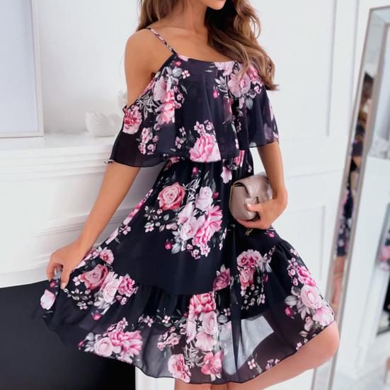 Damenkleid Rüschen Spaghettiträger Patchwork Schulterfrei Kurzarm Damen Trägerkleid für den Strand