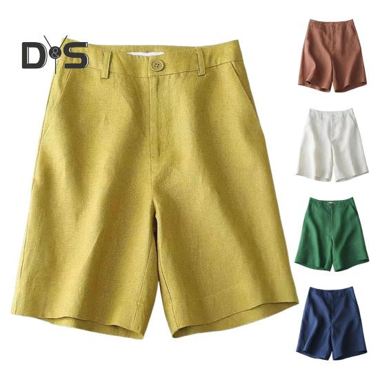 Pantaloni scurți pentru femei cu talie înaltă, cu fermoar, cu nasturi, pantaloni scurți casual, cu buzunare, culoare uni, pantaloni scurți până la genunchi.