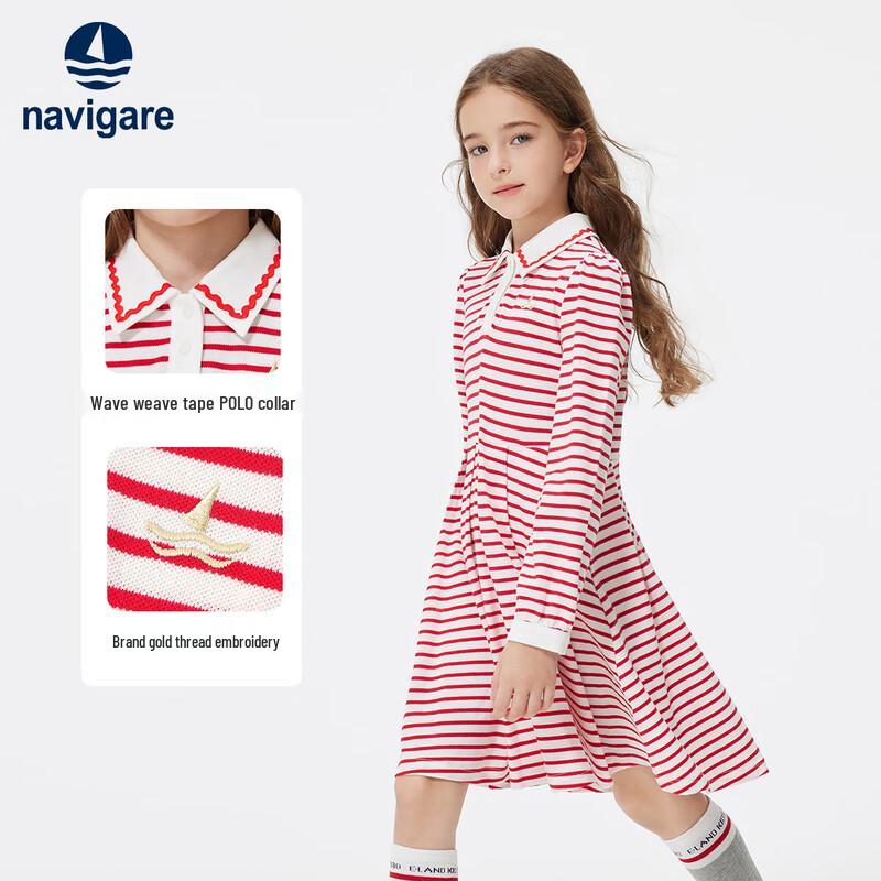 Navigare Girls' Stripe Pleated Polo Collar Dress