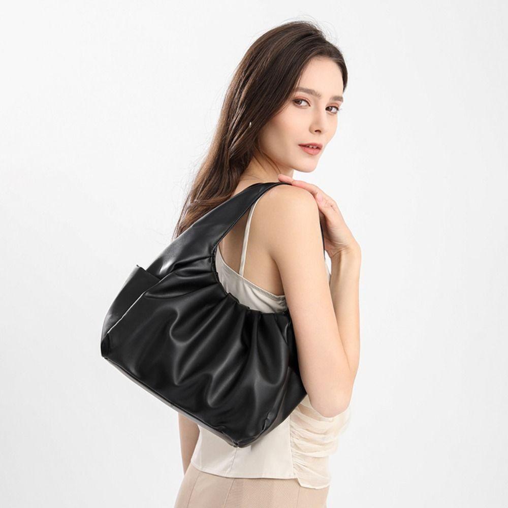 Korean Style Pleated Handbag Underarm Bag PU Leather Underarm Bag Croissant Cloud Bag  Shopping