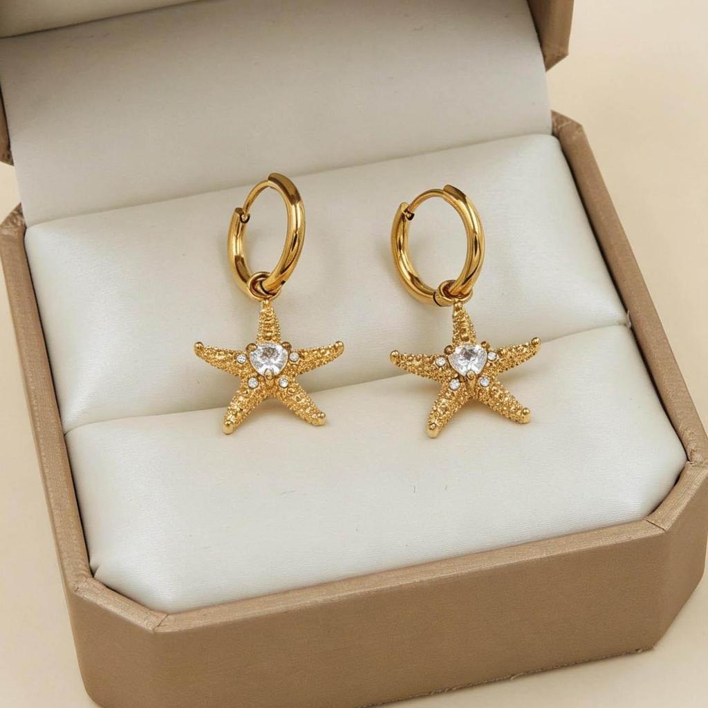 Gold-Starfish Zircon Earrings: Women's Vacation Style, Chic & Elegant Niche Design, Vibrant Fashion Statement