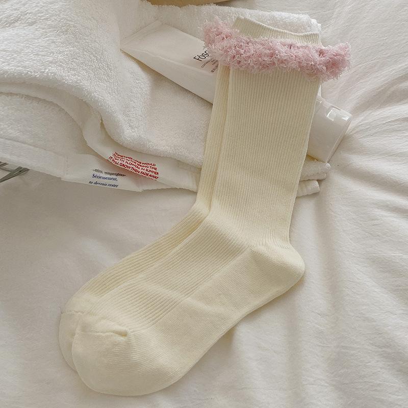 

Female Autumn New Sweet Solid Color Plush Lace In The Tube Pile Socks 1 pair бежевый