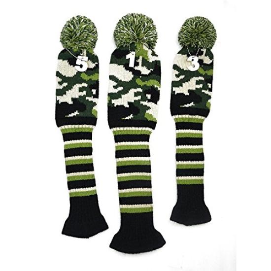 

Golf head cover knit 3-piece set diamond series with cute number pendant stars and stripes pattern (camouflage green)