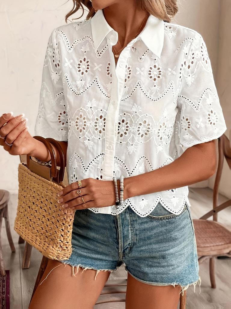 New Spring Summer Women's Clothing New Solid Lace Trim Hollowed Out Short Sleeve Casual Top