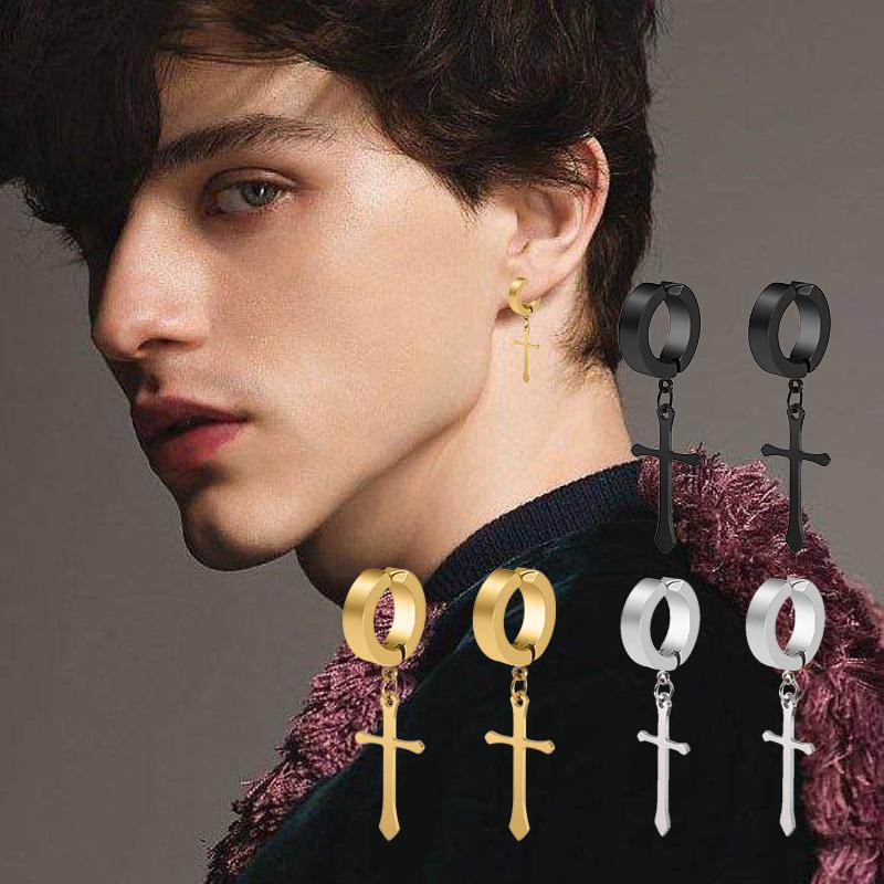 Mode Titanstahl Kreuz Ohrclip Ohrringe Für Männer Frauen Edelstahl Punk Schwarz Einzelner Ohrring Fake Ohrringe Zirkon