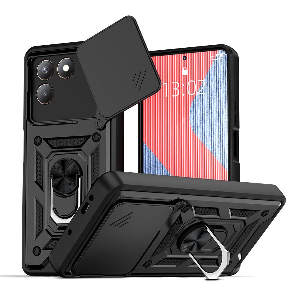 KEYSION Shockproof Armor Case for TECNO POVA 7 4G Slide Camera Lens Protection Metal Ring Stand Phone Back Cover for TECNO Pova7