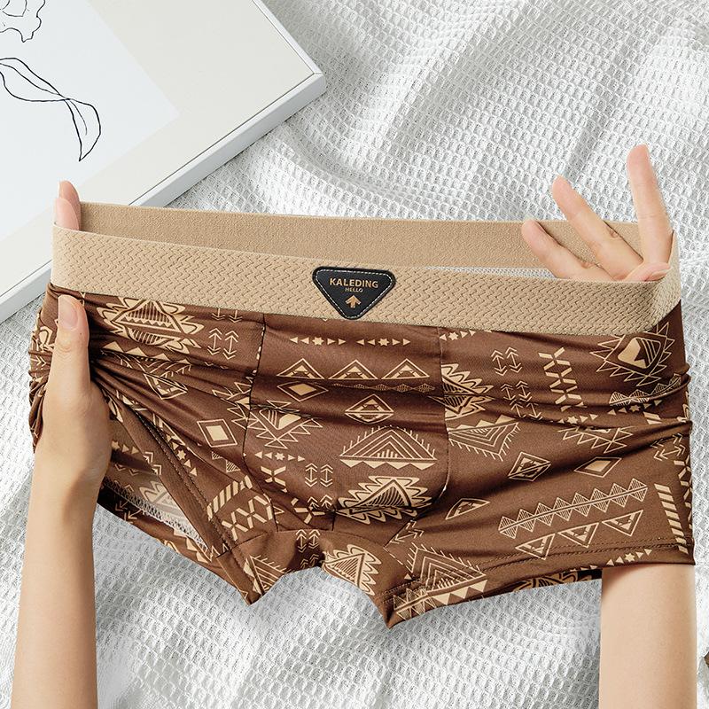 3pcs American Men's Underwear Retro Men's Underwear Ice Silk Breathable Flat Corner Pants Printed Four Corner Pants Boxer Brief