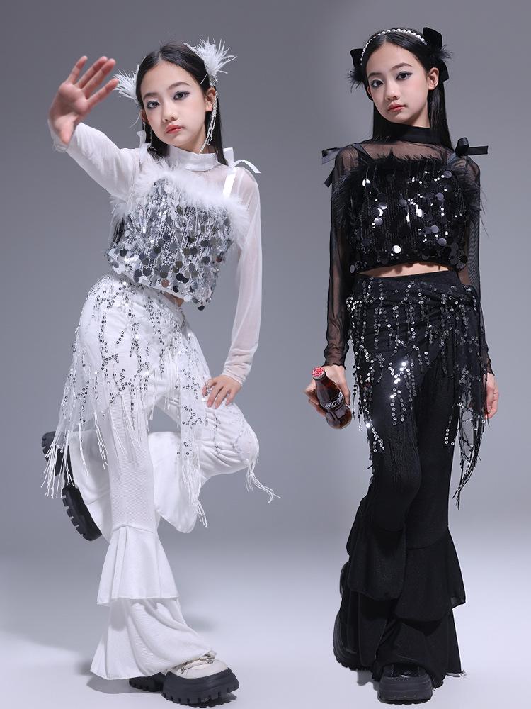 Korean Style Girls' Jazz Dance Costume Set: Cropped Vest Top & Sweatpants for Performances